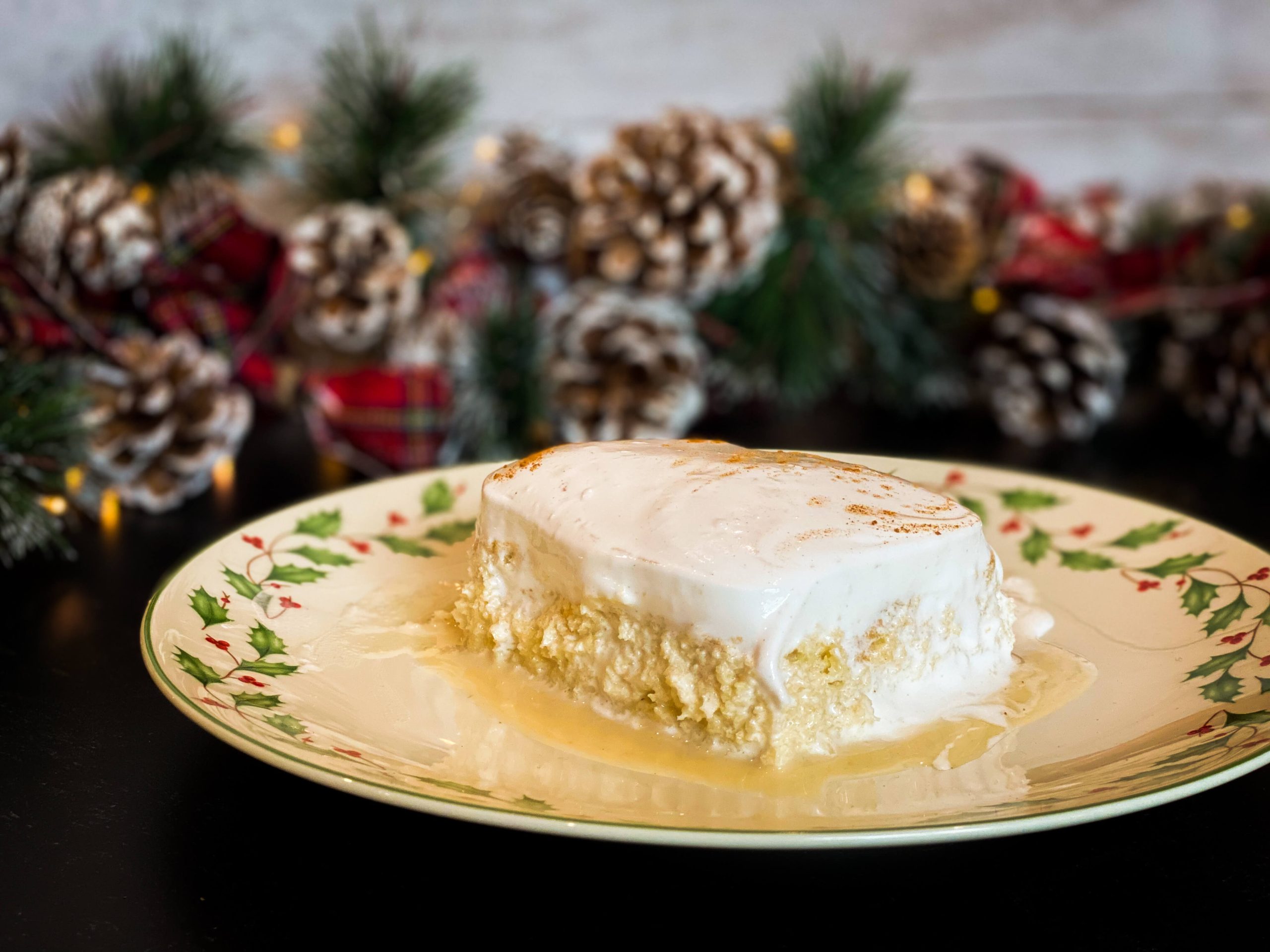 Eggnog tres leches and the layers of the cake and meringue