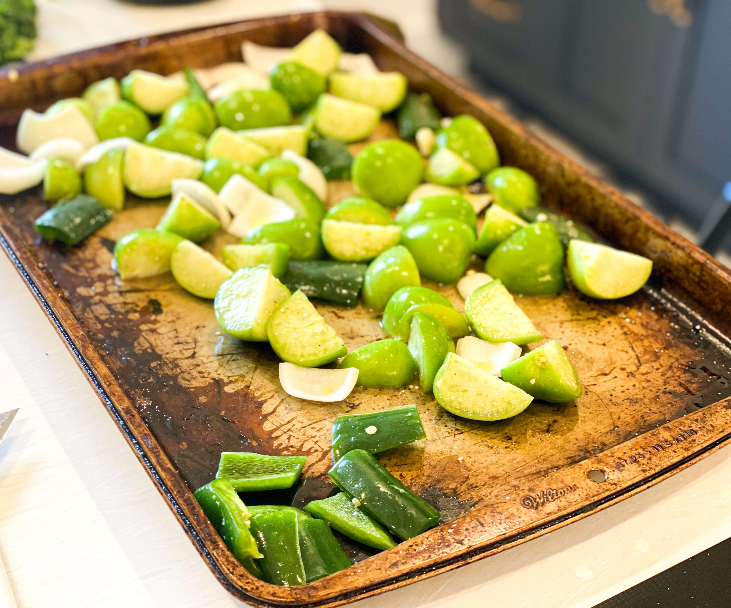 Tomatillo and vegetables ready to bake 