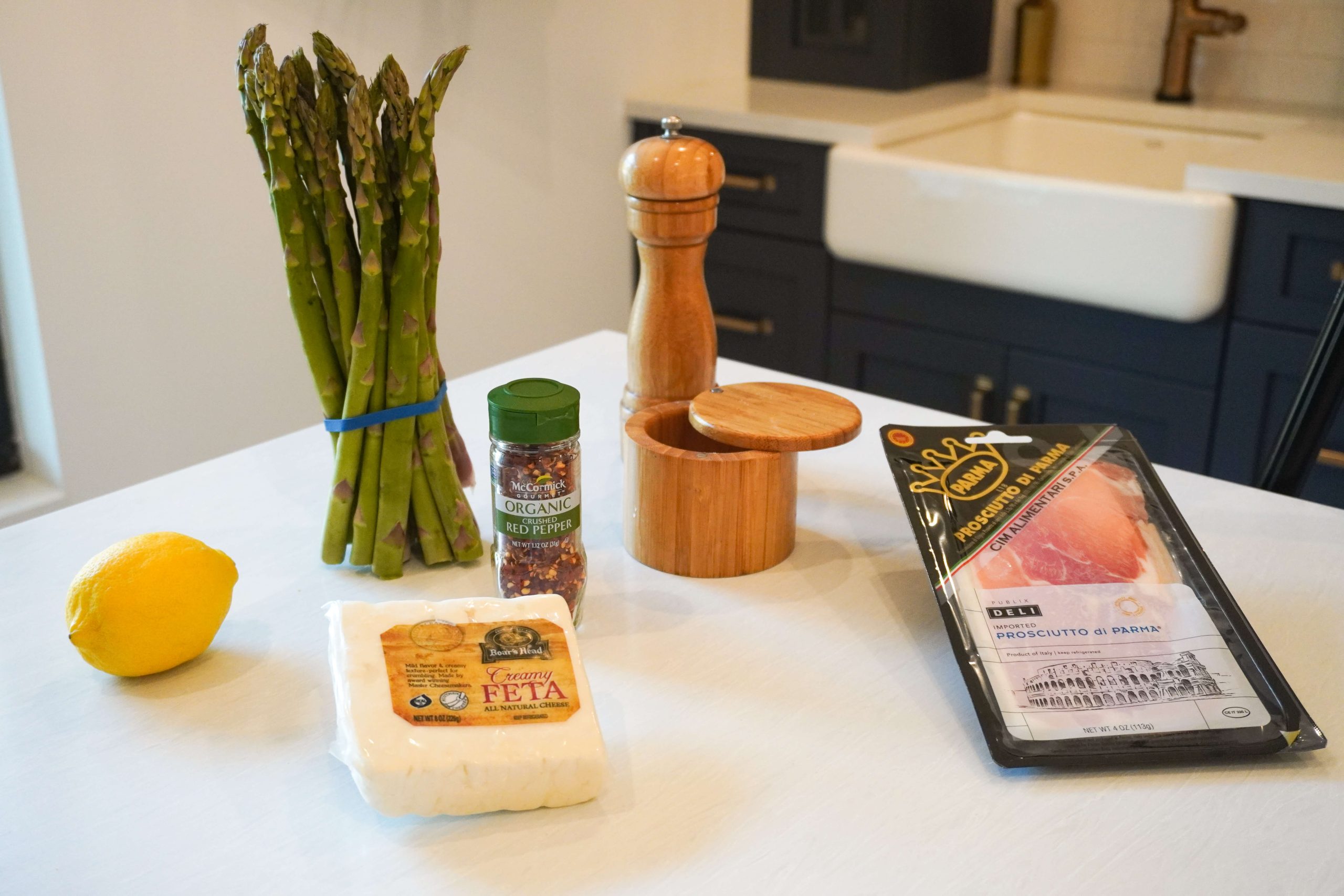 ingredients needed for the whipped feta with roasted asparagus and crispy prosciutto