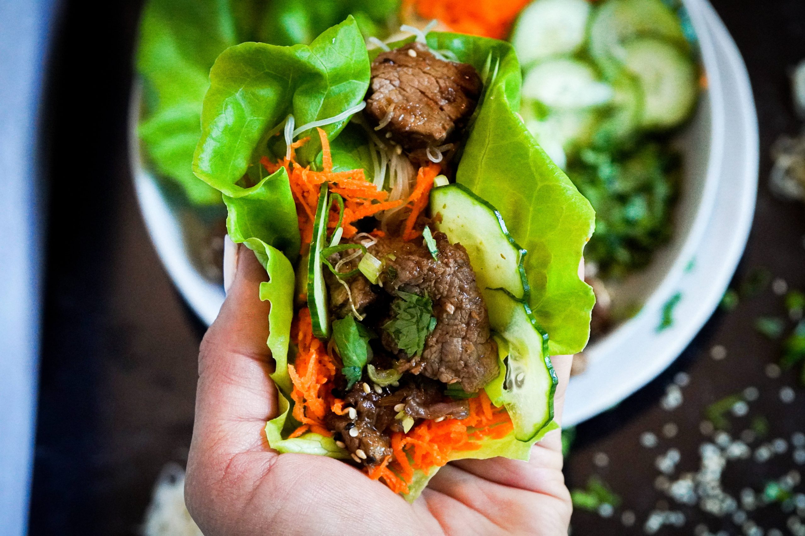 lettuce wrap using all the veggies and beef as filling