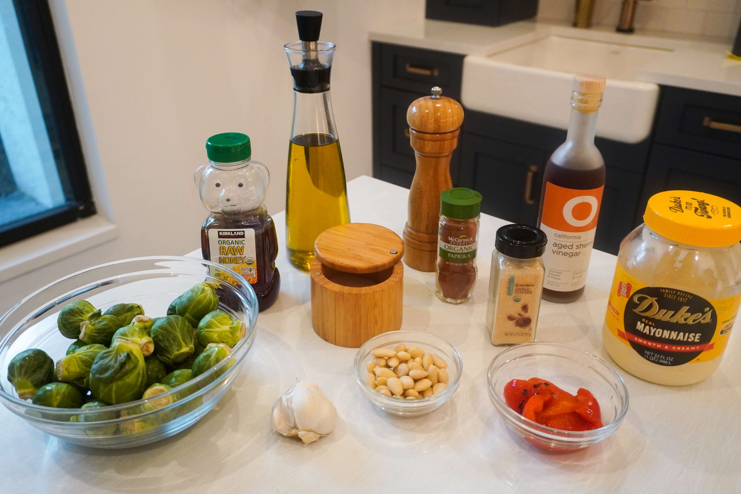 ingredients needed for the smashed brussel sprouts with romesco aioli