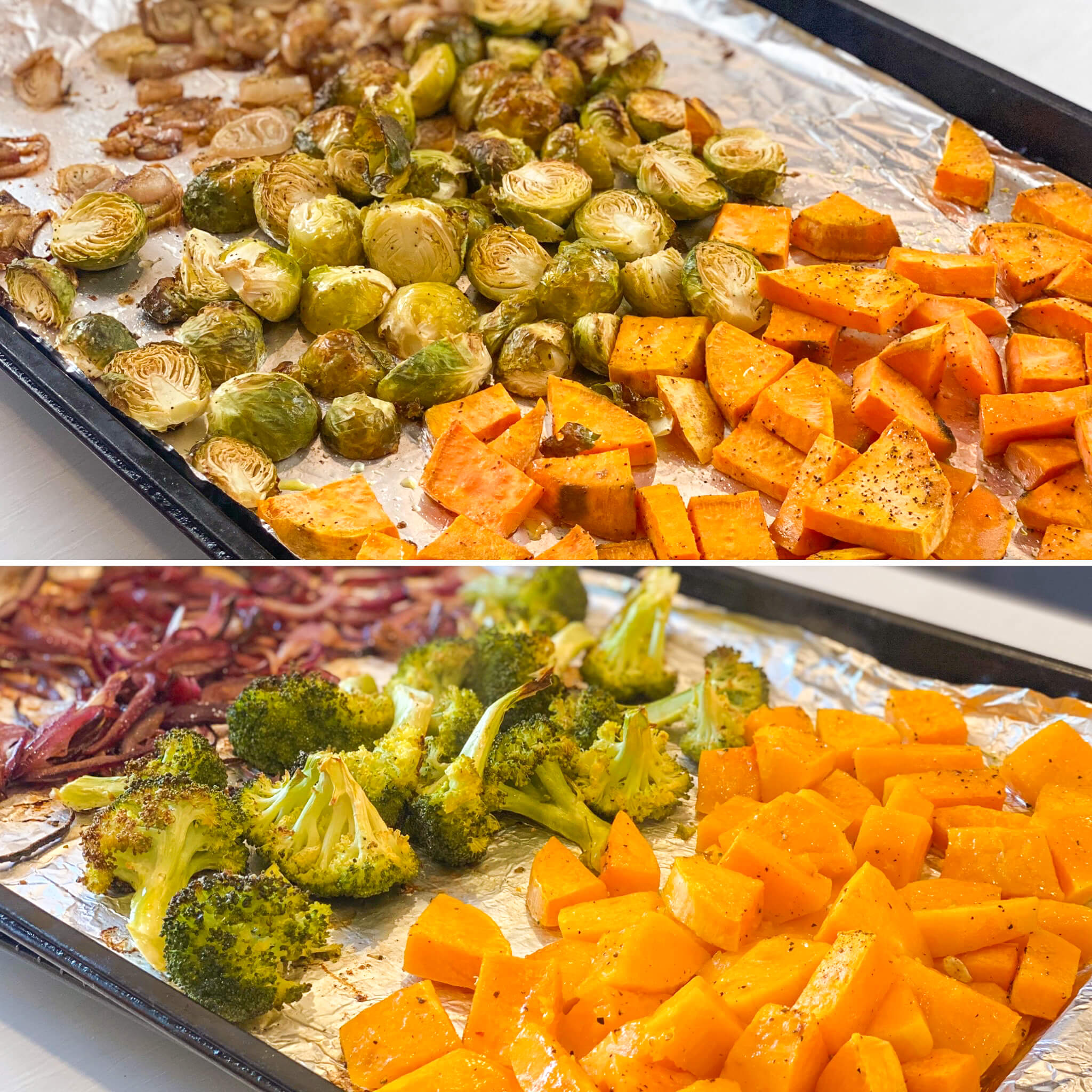 Different fall/winter vegetable options for the salad
Picture on the top has shallots, brussel sprouts and sweet potatoes roasted and the picture on the bottom has red onion, brocoli and butternut squash