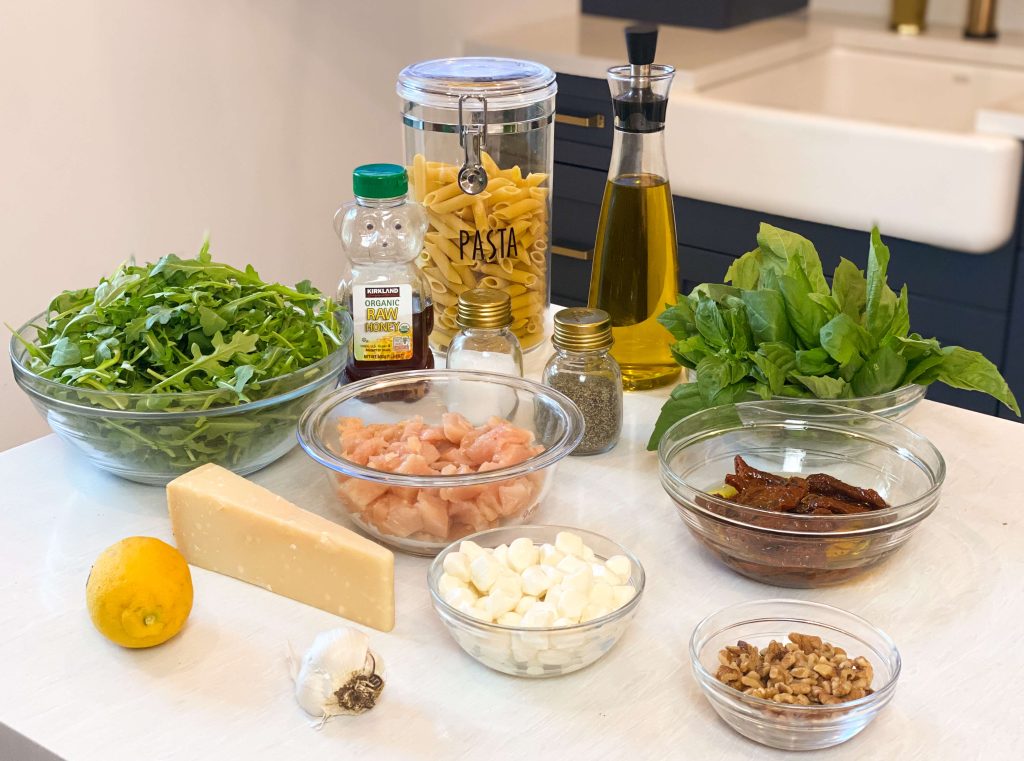 Ingredients needed for the Arugula Pesto with sun dried tomatoes and chicken 