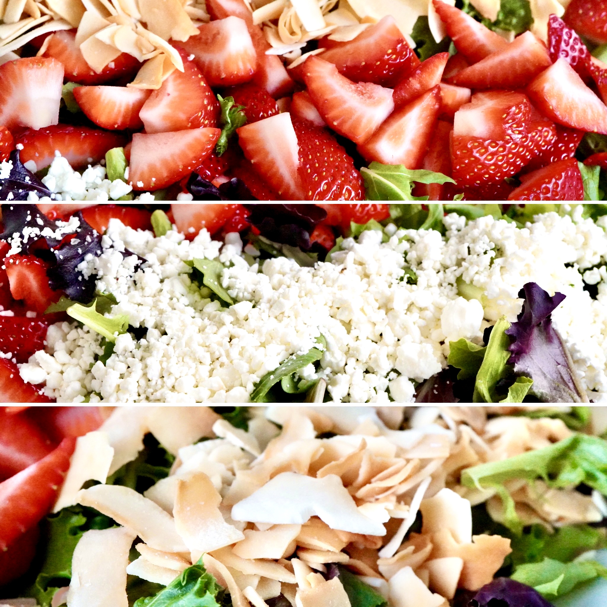 strawberries, goat cheese and coconut flakes over mixed greens