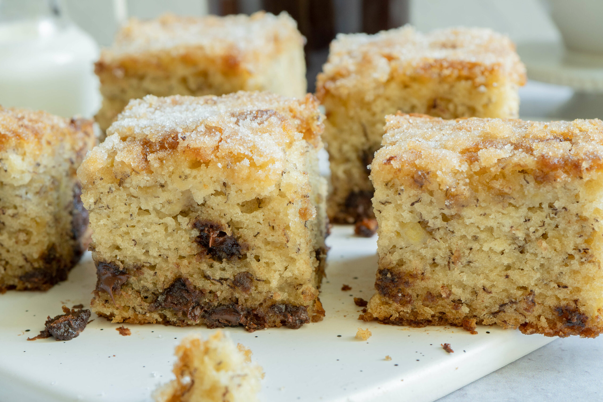 Closeup of the chocolate chip banana bread squares