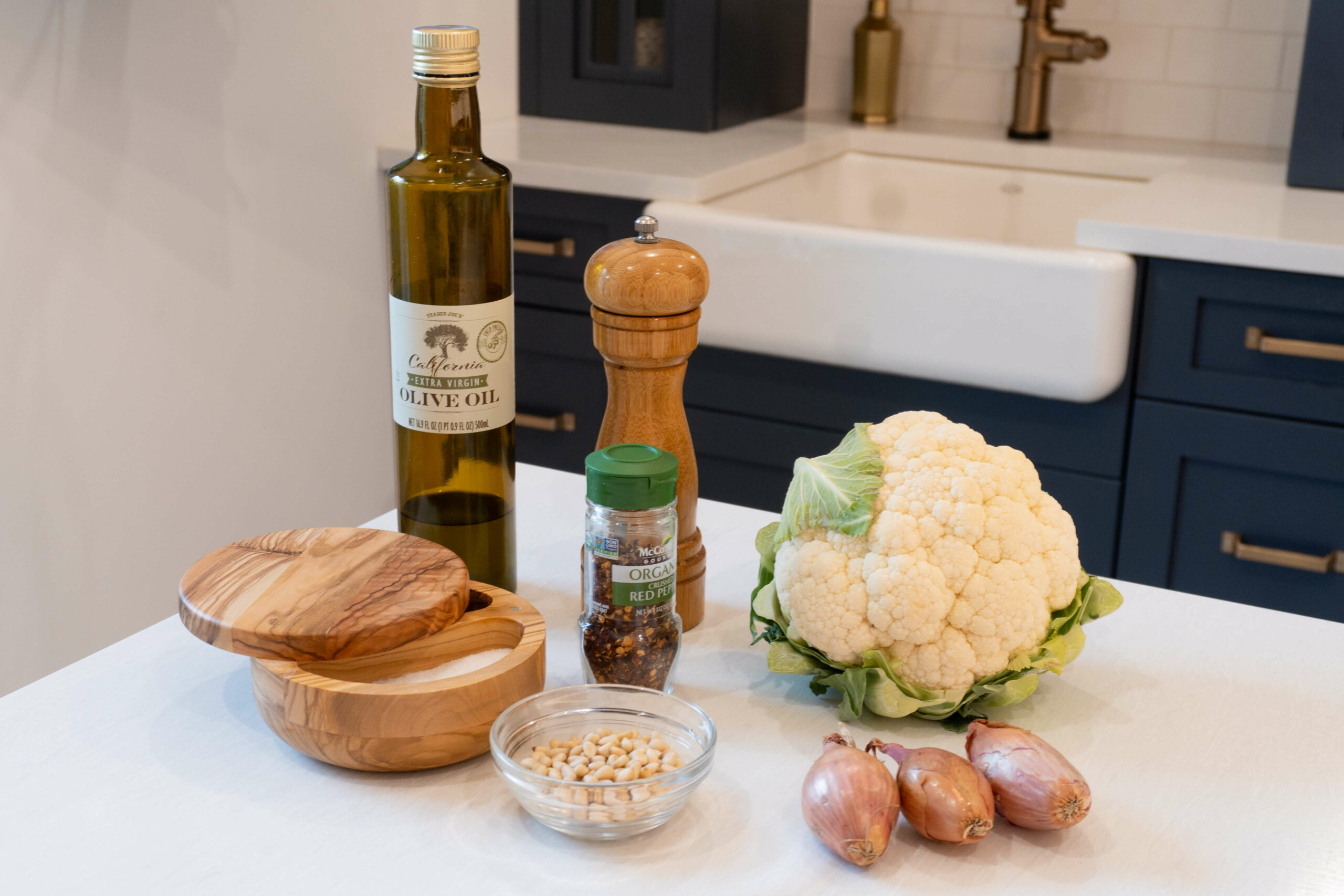 ingredients needed to make the roasted cauliflower with shallots and pine nuts 